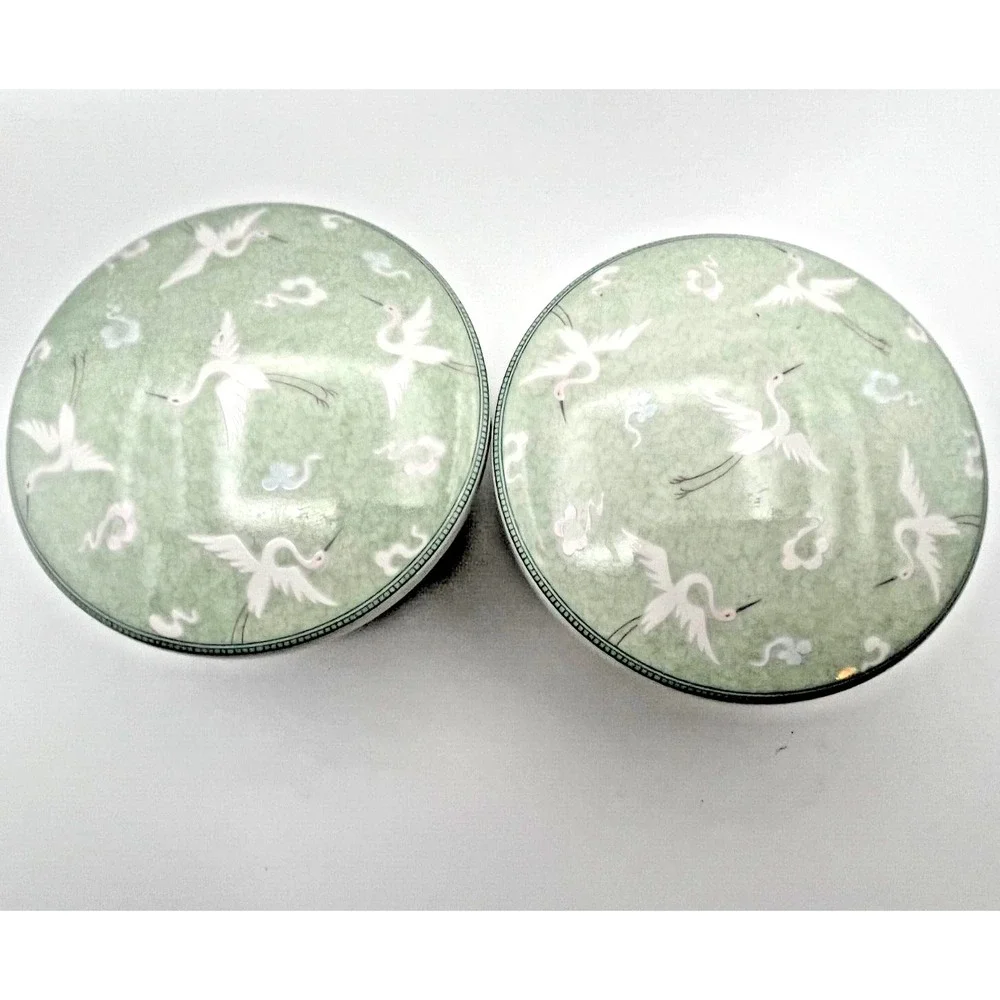 Korean Celadon Porcelain Crane Motif Cloud Lidded Rice Bowls 4